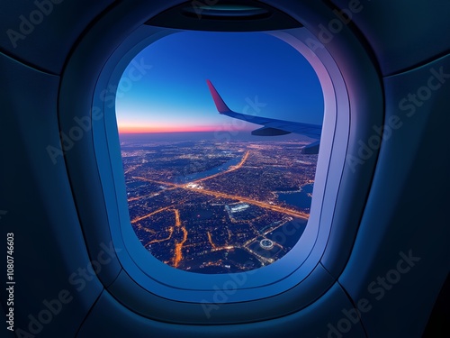 Aeroplane window, looking out into the beautiful city night view, air travel, vacation, holiday