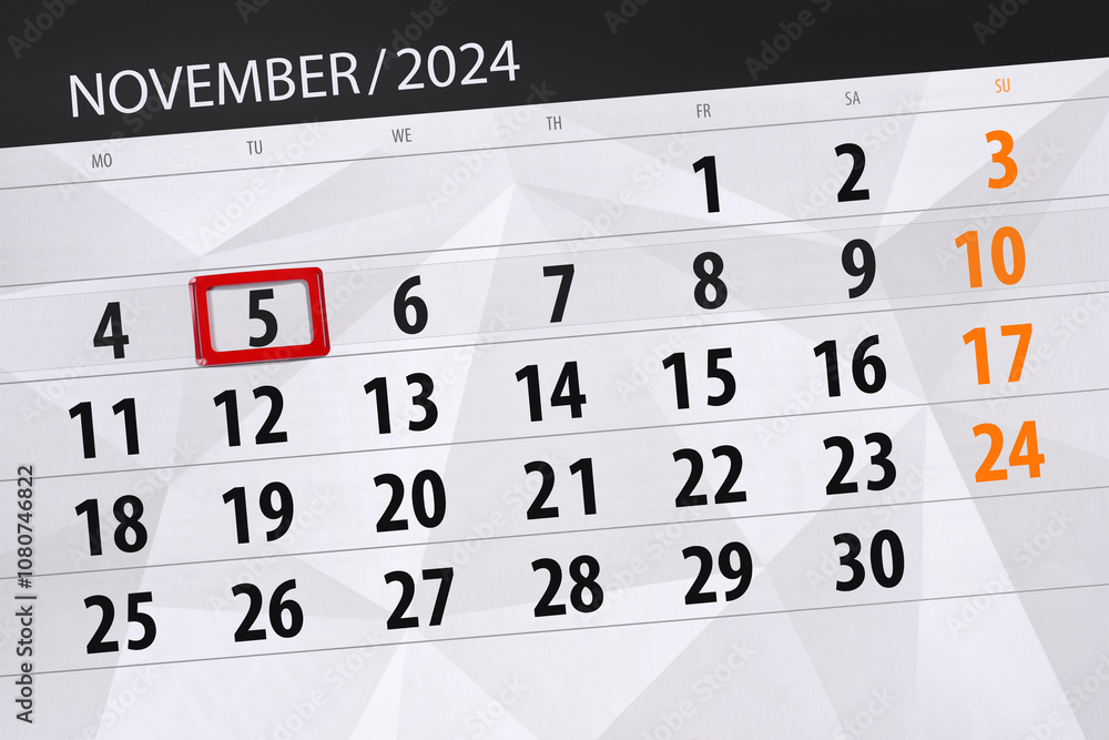 Obraz premium Calendar 2024, deadline, day, month, page, organizer, date, November, tuesday, number 5