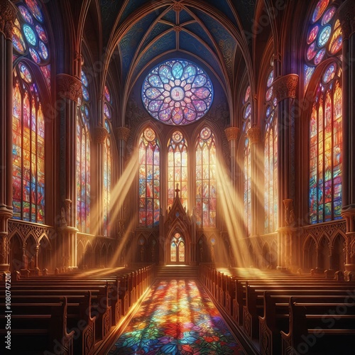 Church Window Colorful light streams through stained glass windo photo