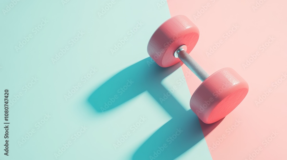 Pink dumbbell casting a defined shadow on a background divided diagonally into pastel blue and pink, creating a vibrant and sporty composition Pink dumbbell casting a defined shadow on a background divided diagonally into pastel blue and pink, creating a vibrant and sporty composition