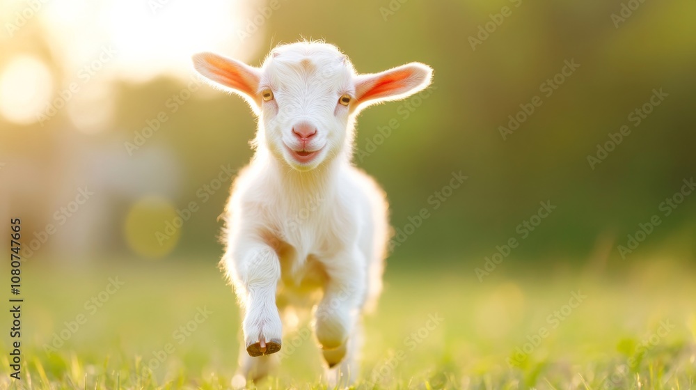 A playful baby goat joyfully bounds across a lush green meadow under the warm summer sun. The little creature radiates happiness and energy embodying the carefree spirit of youth. A playful baby goat joyfully bounds across a lush green meadow under the warm summer sun. The little creature radiates happiness and energy embodying the carefree spirit of youth.