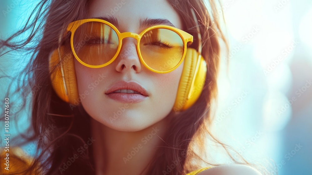 Young Woman with Headphones and Sunglasses Young Woman with Headphones and Sunglasses