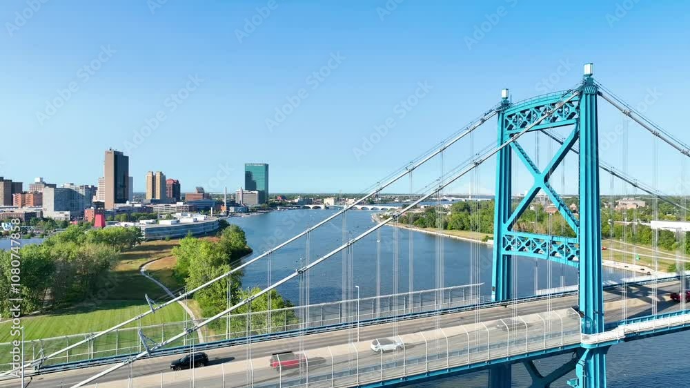 Aerial Pedestal Shot of Toledo Anthony Wayne Bridge and Skyline Aerial Pedestal Shot of Toledo Anthony Wayne Bridge and Skyline