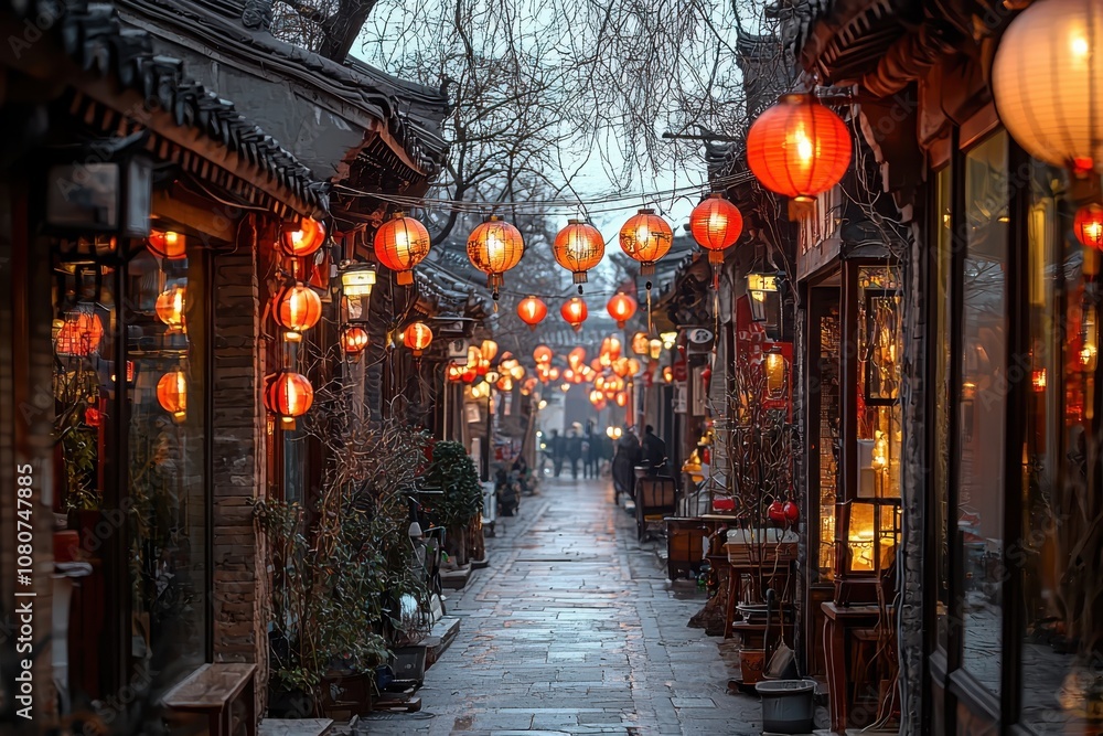 Fototapeta premium Discover the enchanting beauty of beijing's hutong alley adorned with vibrant lanterns