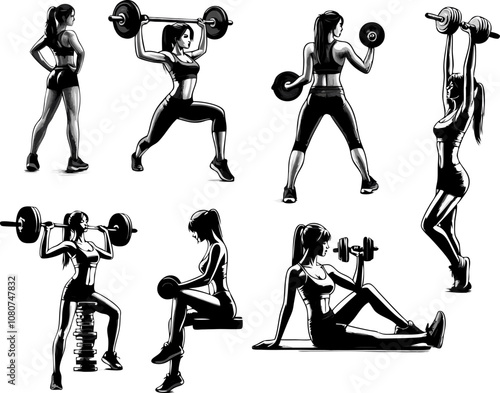 Monochrome vector illustration set featuring strong women performing various weightlifting exercises, showcasing strength and fitness