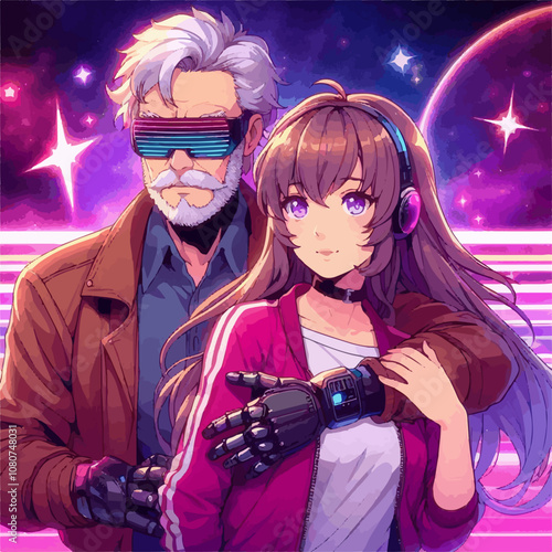 Elderly man in trendy attire and pixel glasses embraces a young woman wearing headphones, featuring cyberpunk fashion with neon background and robotic arms