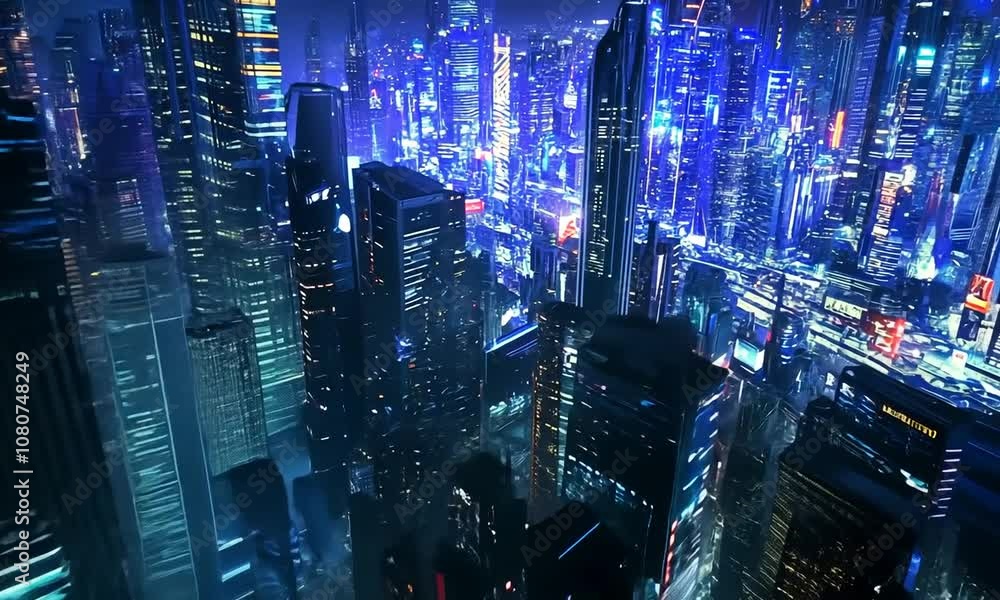 A futuristic cityscape at night, illuminated by neon lights. A futuristic cityscape at night, illuminated by neon lights.