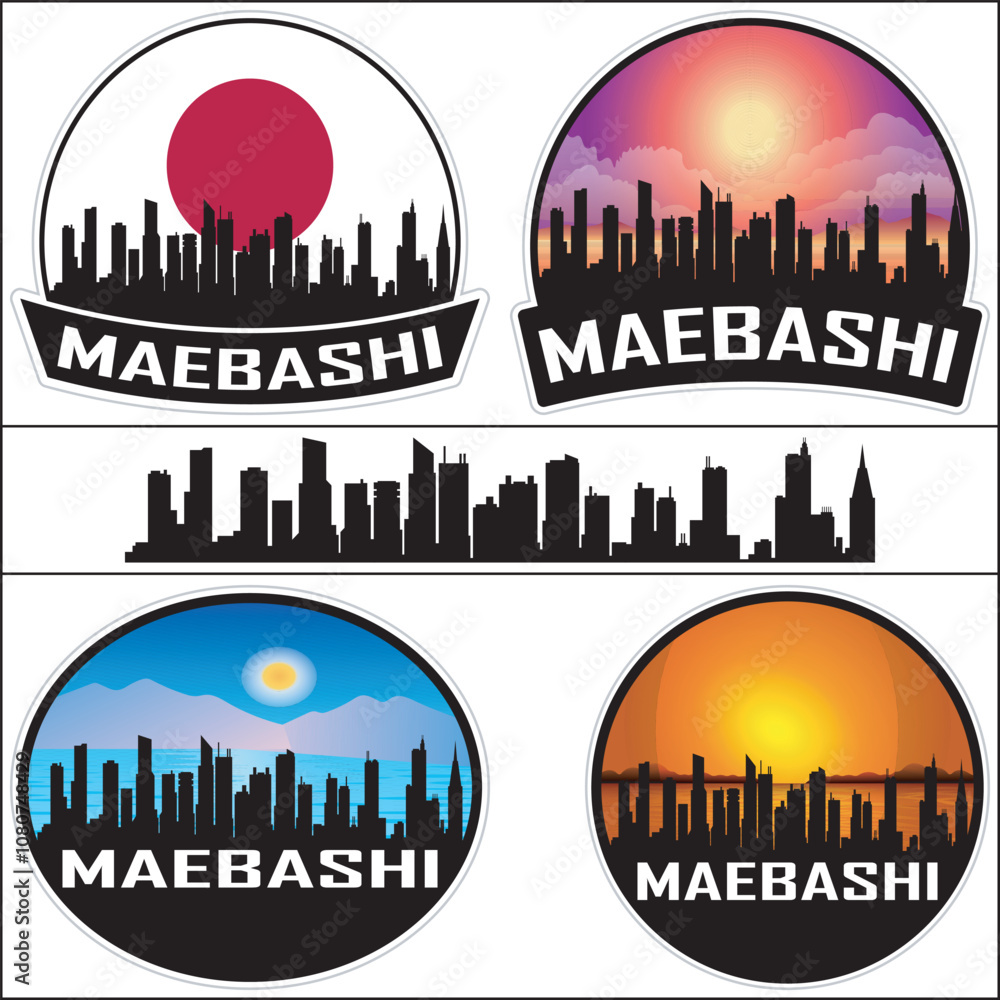 Obraz premium Maebashi Japan Flag Skyline Cityscape Silhouette Travel Souvenir Sticker Isolated Vector
