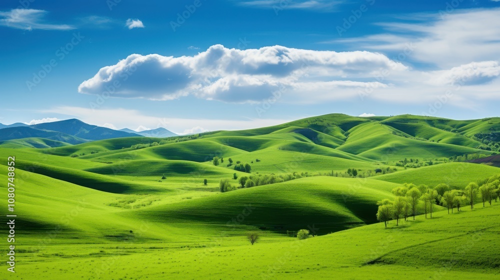 Fototapeta premium Lush green hills and a winding river create a breathtaking landscape.