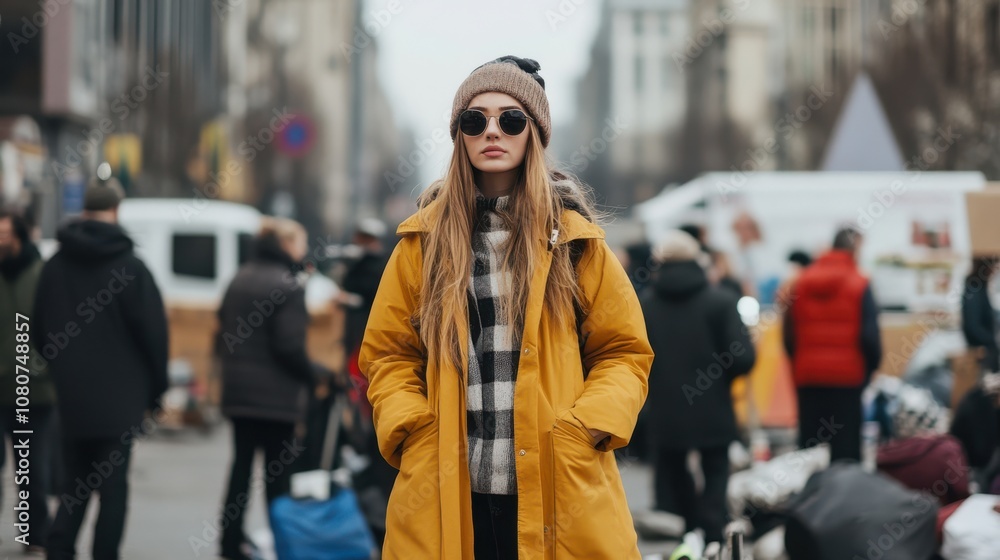 A fashion model stands confidently in a bustling street, her style striking against the urban backdrop, embodying modernity and individuality. A fashion model stands confidently in a bustling street, her style striking against the urban backdrop, embodying modernity and individuality.