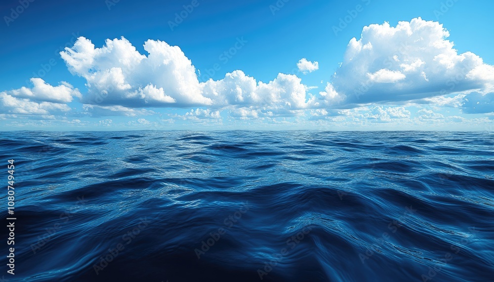 Obraz premium Blue ocean with white clouds. A serene seascape with calm blue waves.
