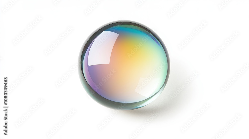 A vibrant glass sphere with a rainbow gradient reflecting light against a white background. A vibrant glass sphere with a rainbow gradient reflecting light against a white background.