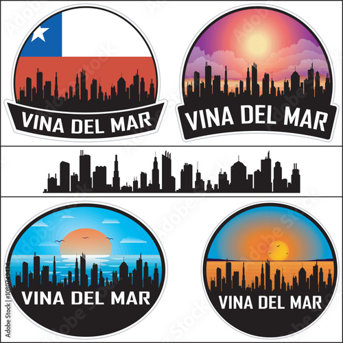 Vina Del Mar Chile Flag Skyline Cityscape Silhouette Travel Souvenir Sticker Isolated Vector