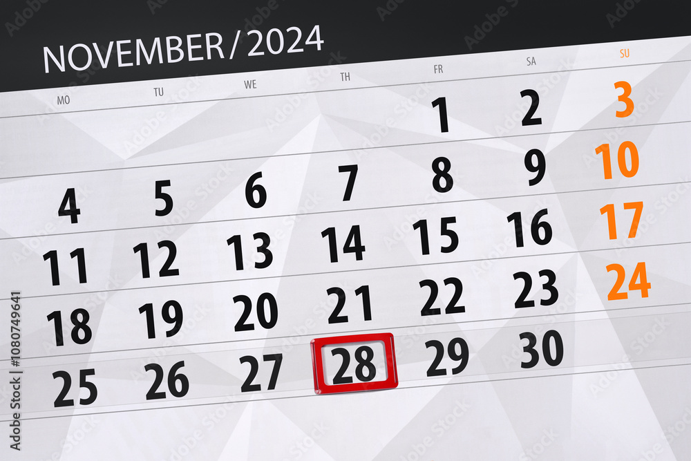 Fototapeta premium Calendar 2024, deadline, day, month, page, organizer, date, November, thursday, number 28