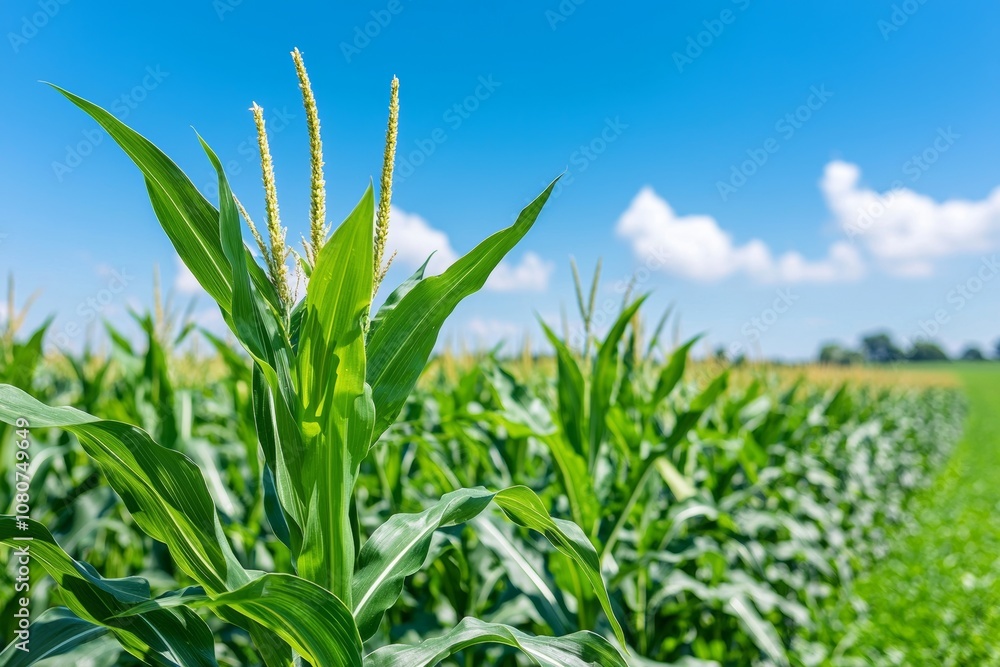 Fototapeta premium A corn field with solar panels. An alternative energy source.