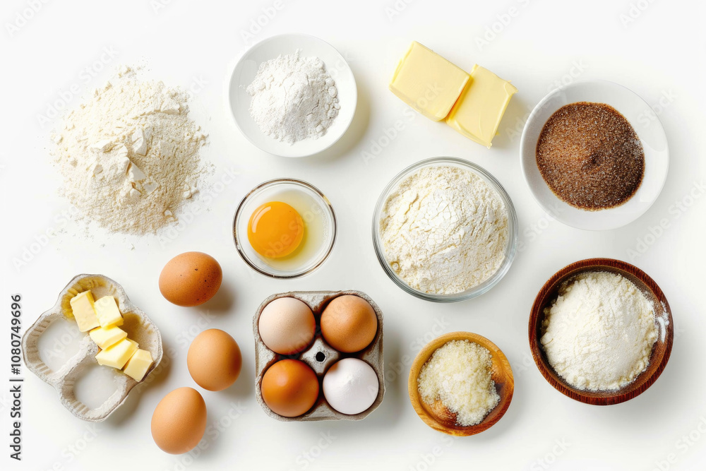Top View of Baking Ingredients Including Eggs, Flour, Sugar, and Butter on a White Background for Culinary and Recipe Concepts Top View of Baking Ingredients Including Eggs, Flour, Sugar, and Butter on a White Background for Culinary and Recipe Concepts