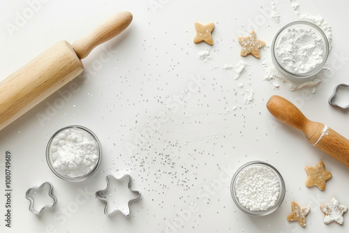 Baking Essentials on White Background with Rolling Pins, Cookie Cutters, and Flour for Holiday Cookie Preparation photo