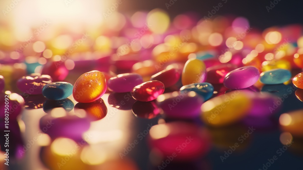 A vibrant assortment of jelly beans scattered on a reflective surface. A vibrant assortment of jelly beans scattered on a reflective surface.