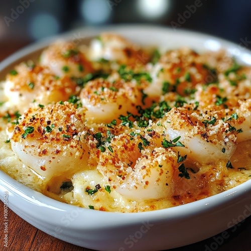 Baked Scallops with Breadcrumbs and Parsley in White Bowl