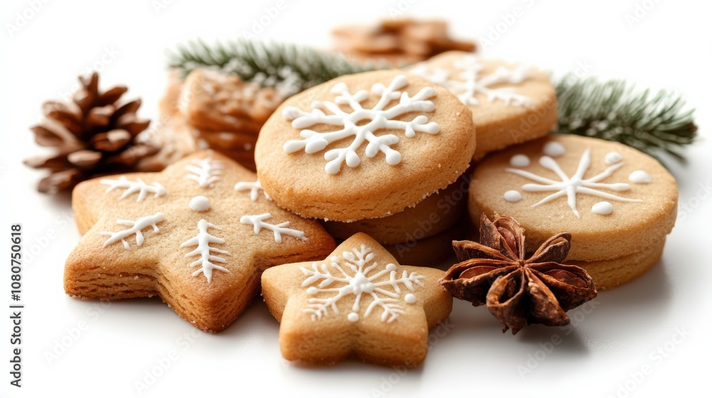 Festive Holiday Cookies Decorated with Snowflakes and Pinecone Accents Festive Holiday Cookies Decorated with Snowflakes and Pinecone Accents