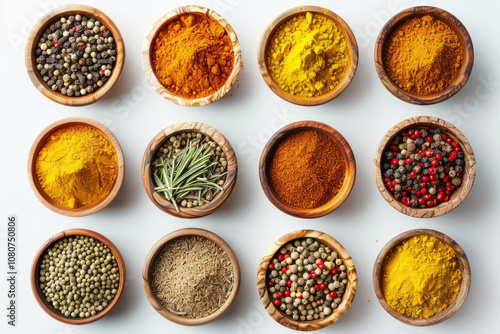 Assorted Spices and Herbs in Wooden Bowls on White Background for Culinary and Cooking Concepts photo