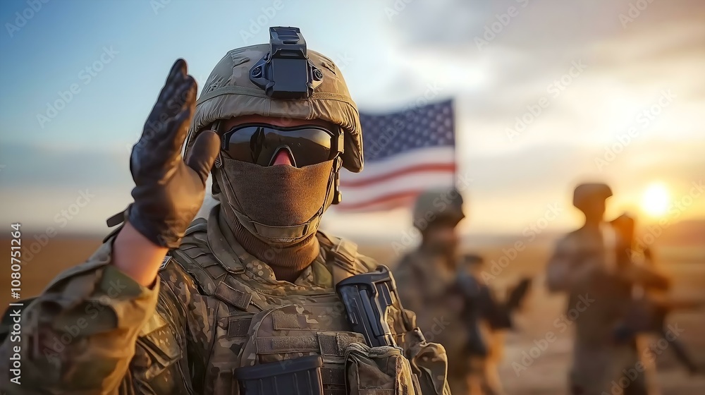 Soldier saluting with American flag in background during sunset, embodying patriotism and bravery. Soldier saluting with American flag in background during sunset, embodying patriotism and bravery.