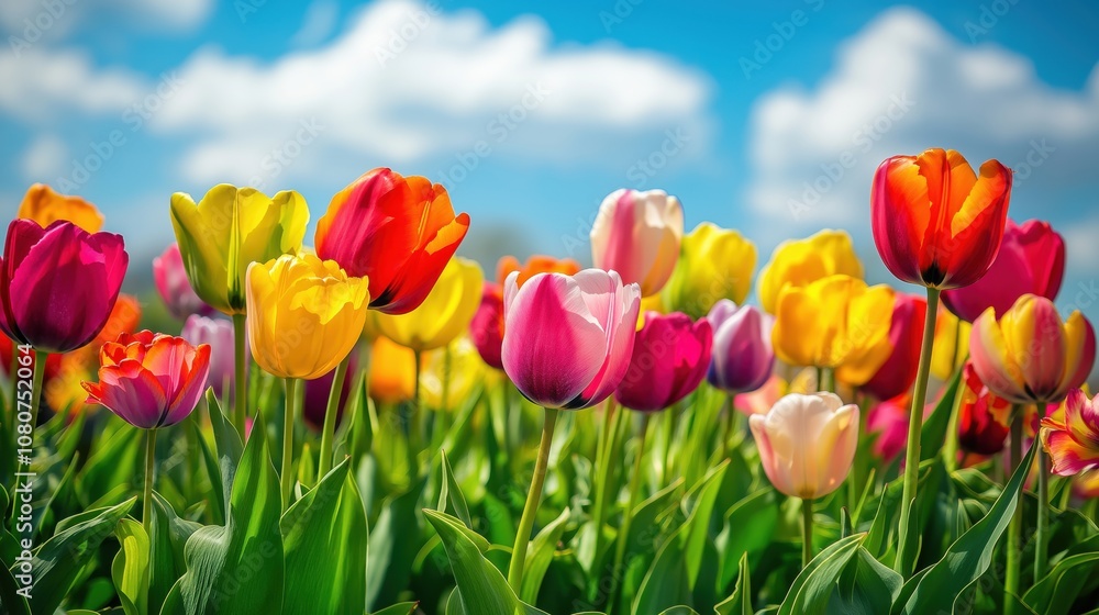 A vibrant field of tulips in various colors under a blue sky with fluffy clouds. A vibrant field of tulips in various colors under a blue sky with fluffy clouds.