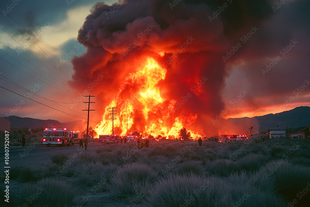 Massive flames rise high as thick, black smoke billows into the sky, with uniformed responders nearby. Massive flames rise high as thick, black smoke billows into the sky, with uniformed responders nearby.