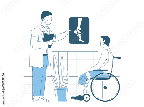 Radiograph with patient. Man shows Xray to young guy in wheelchair. Traumatologist treats broken leg. Diagnosis and treatment. Healthcare and medicine. Linear vector illustration