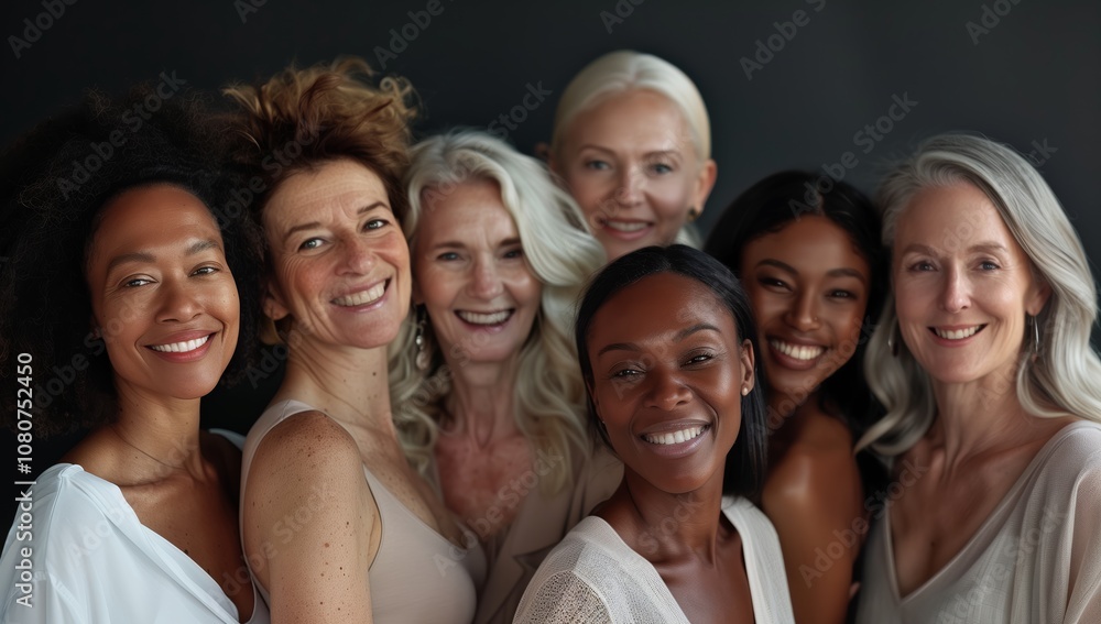 Obraz premium A vibrant group of diverse women celebrate beauty, friendship, empowerment, solidarity, positivity, and harmony, embodying joy and connection in a heartwarming display of togetherness and support