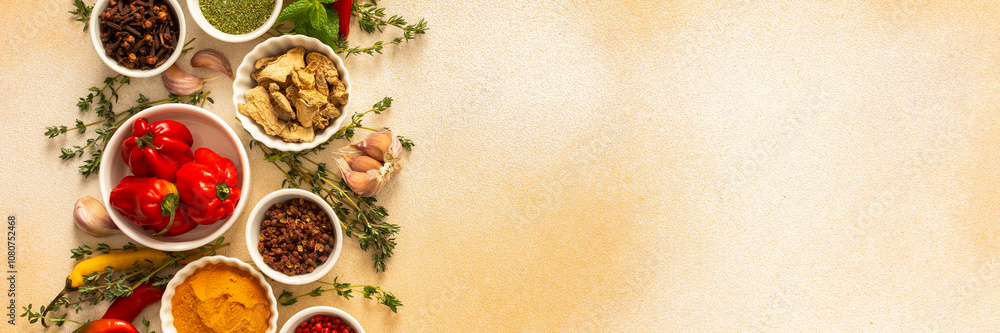 A warm display of spices and herbs on a beige background, each adding rich aromas and flavors, perfect for enhancing recipes, banner A warm display of spices and herbs on a beige background, each adding rich aromas and flavors, perfect for enhancing recipes, banner