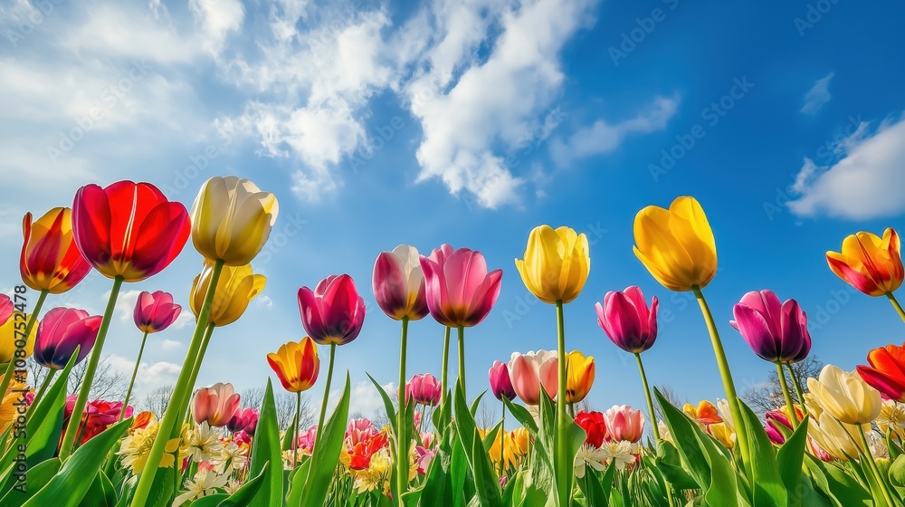 A vibrant field of tulips in various colors blooming under a bright blue sky. A vibrant field of tulips in various colors blooming under a bright blue sky.