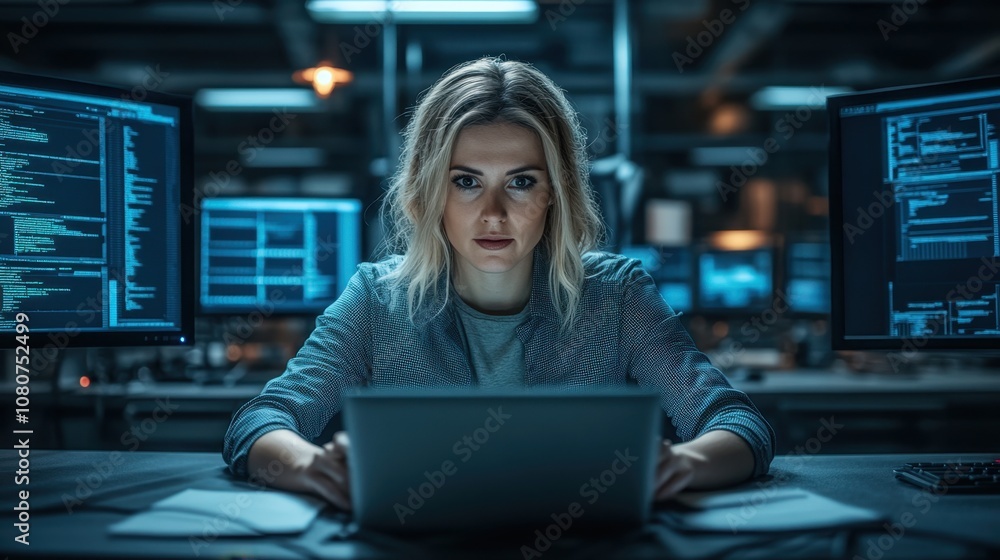 Focused Female Programmer Working Late at Night Surrounded by Computer Screens Displaying Code in a Dark Tech Office Environment Focused Female Programmer Working Late at Night Surrounded by Computer Screens Displaying Code in a Dark Tech Office Environment