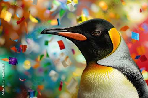 Wallpaper Mural penguin in profile with a long beak, on a bright background of balloons and confetti, greeting card Torontodigital.ca