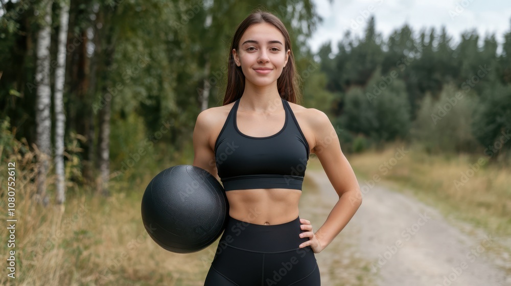 A confident woman in athletic wear stands with a medicine ball on a forest path, embodying fitness and a connection with nature. A confident woman in athletic wear stands with a medicine ball on a forest path, embodying fitness and a connection with nature.