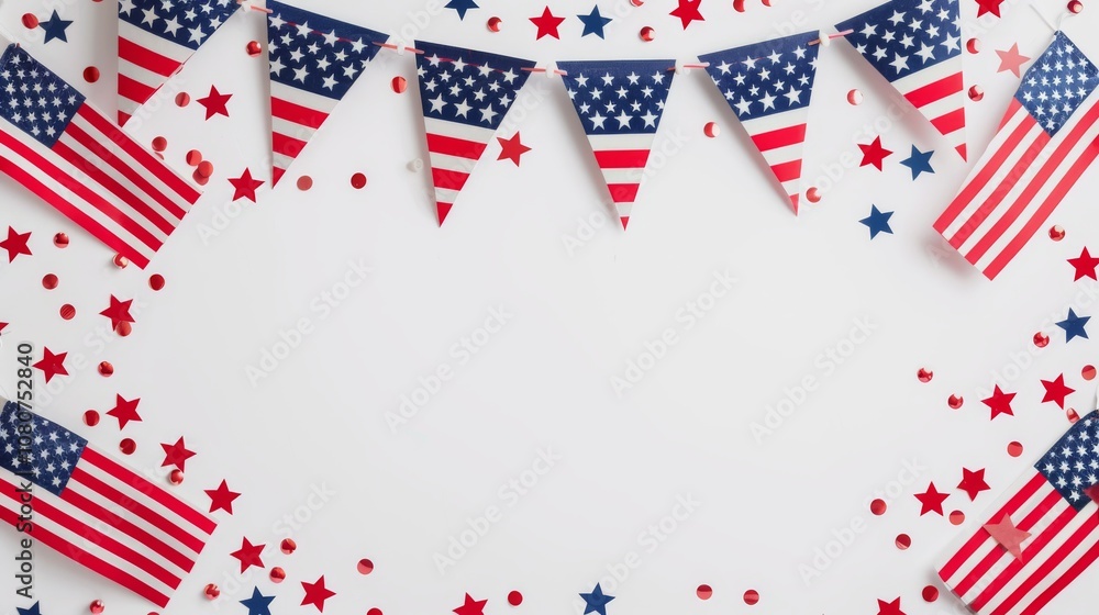 A festive background with American flags and bunting, perfect for celebrating the Fourth of July with friends and family A festive background with American flags and bunting, perfect for celebrating the Fourth of July with friends and family