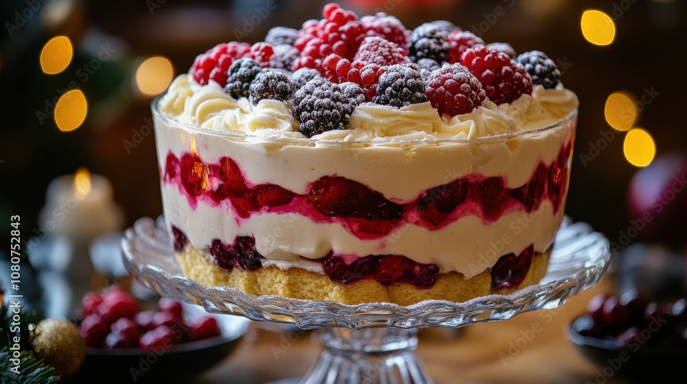 Decadent Layered Berry Dessert with Whipped Cream and Holiday Ambiance Decadent Layered Berry Dessert with Whipped Cream and Holiday Ambiance