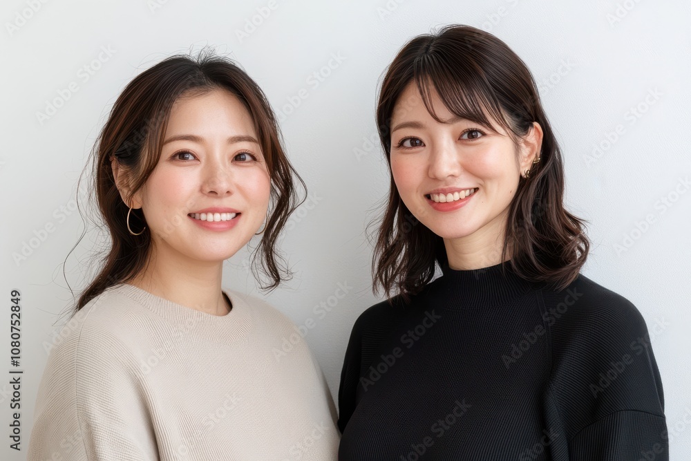 Two smiling women pose warmly against a plain background, exuding friendliness and modern style with casual elegance. Two smiling women pose warmly against a plain background, exuding friendliness and modern style with casual elegance.