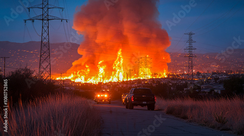 A fierce blaze engulfs a landscape, creating a striking contrast against the distant city skyline.