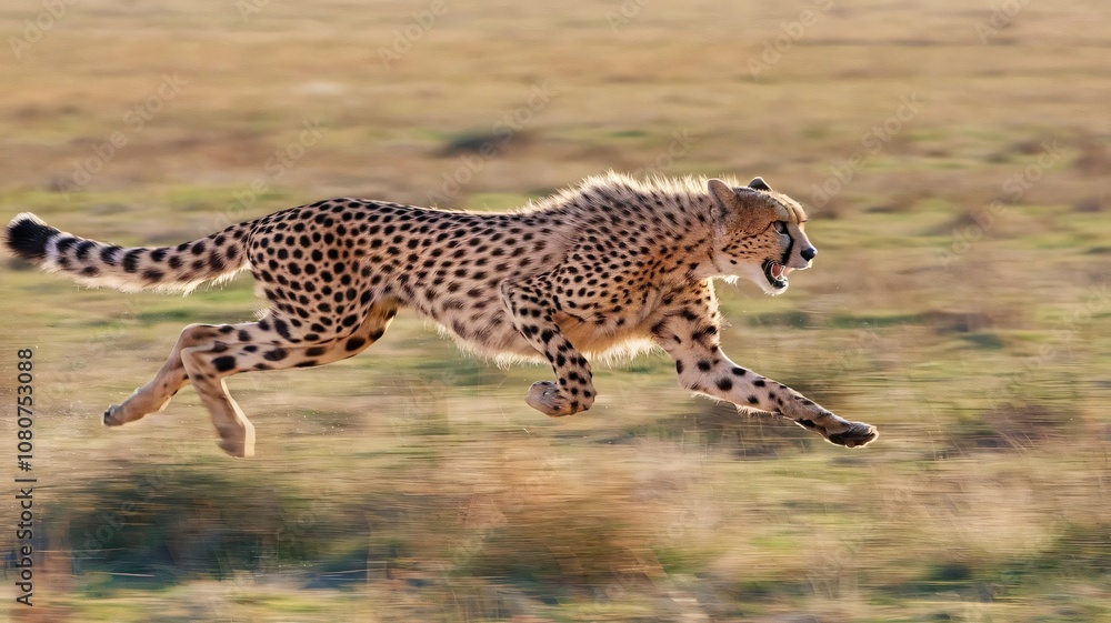 Cheetah Sprinting Across Sunlit Plain, Displaying Raw Power and Agility Cheetah Sprinting Across Sunlit Plain, Displaying Raw Power and Agility