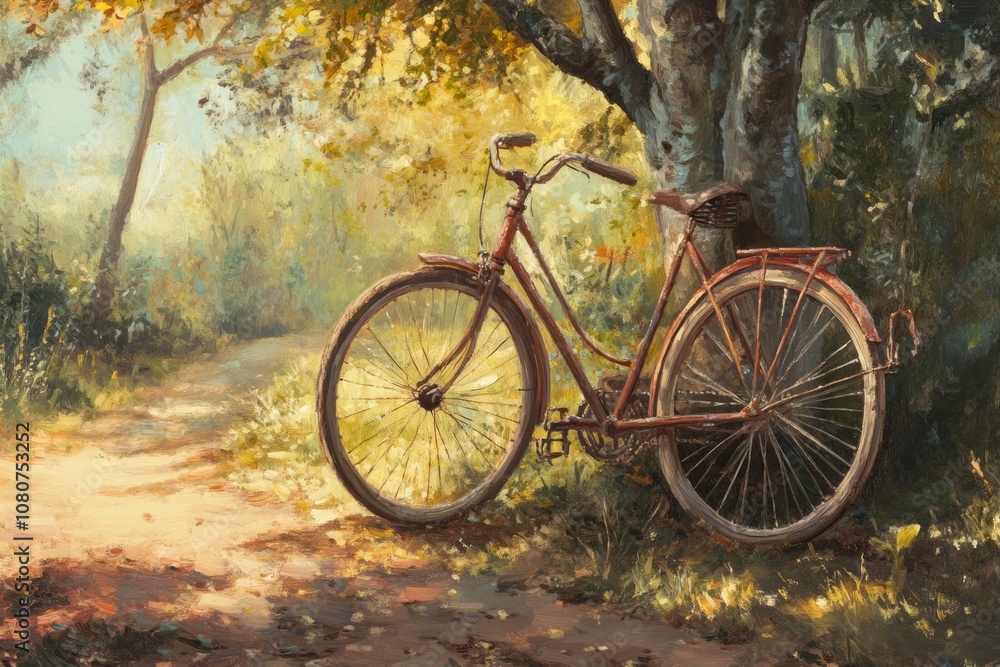A classic bicycle leans against a tree on a sun-dappled path, surrounded by vibrant autumn foliage in a tranquil forest setting. A classic bicycle leans against a tree on a sun-dappled path, surrounded by vibrant autumn foliage in a tranquil forest setting.