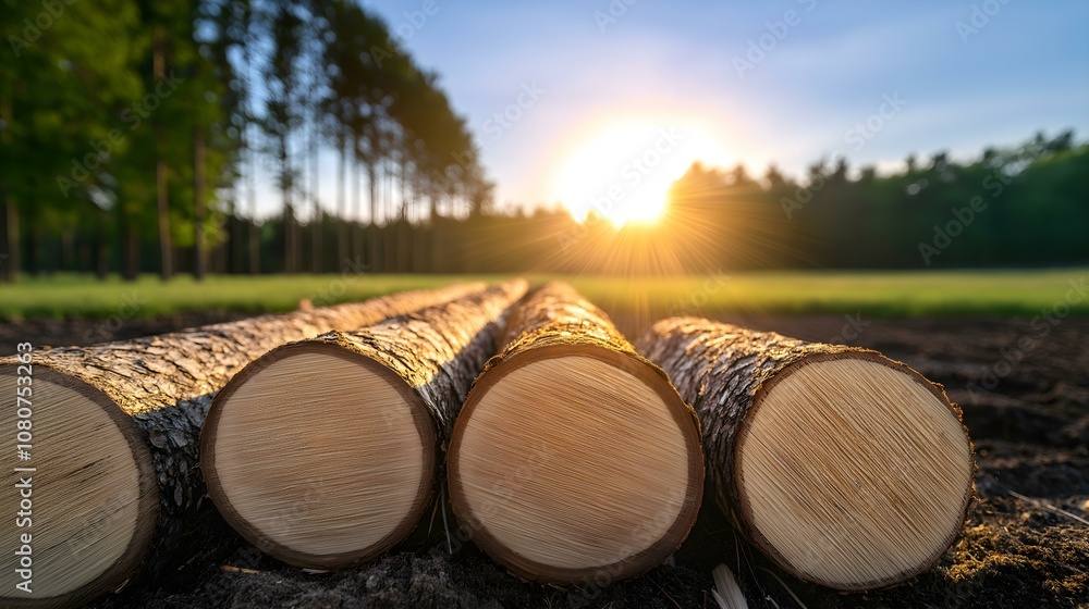 Sunset over logged tree trunks in a tranquil forest setting, showcasing nature's beauty and timber resources. Sunset over logged tree trunks in a tranquil forest setting, showcasing nature's beauty and timber resources.