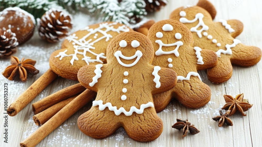 Gingerbread Men Cookies with Cinnamon Sticks and Star Anise on a Wooden Surface Gingerbread Men Cookies with Cinnamon Sticks and Star Anise on a Wooden Surface