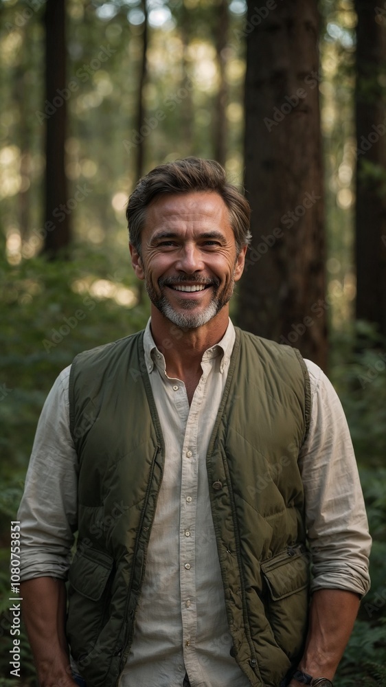 Mature man in green vest standing in forest surrounded by trees and natural light outdoors Mature man in green vest standing in forest surrounded by trees and natural light outdoors