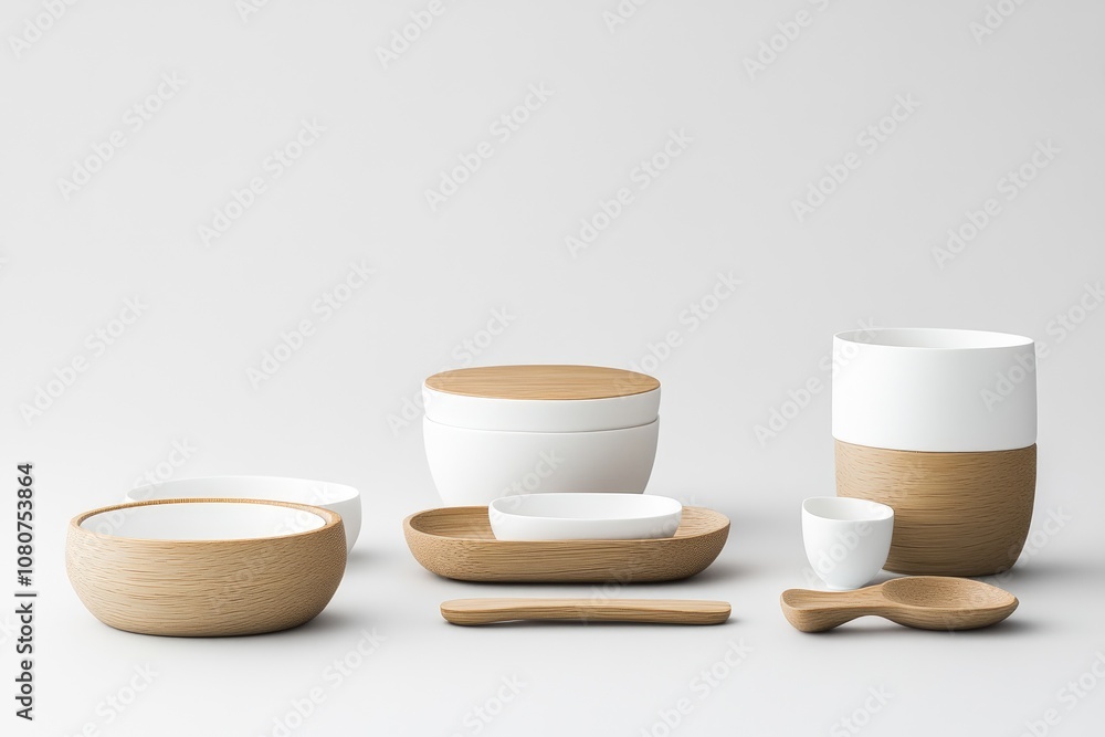 Wooden and White Ceramic Bowl Set with Spoons Wooden and White Ceramic Bowl Set with Spoons