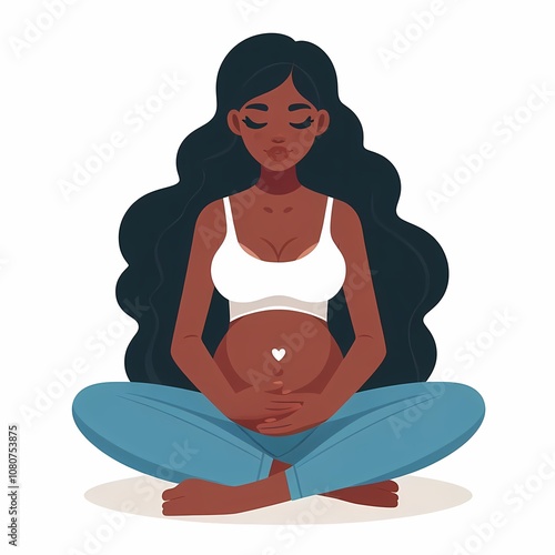 Pregnant black woman sitting, whitea background, flat style illustration photo