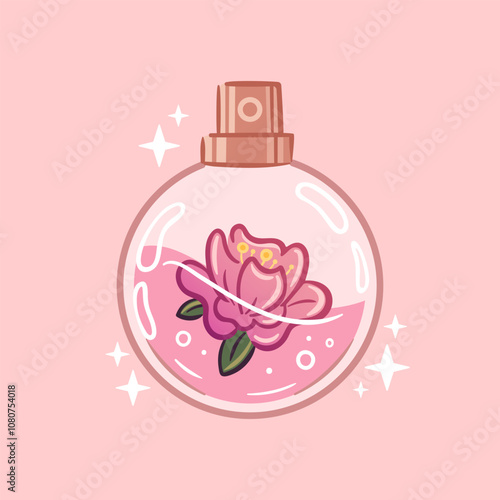 An elegant kawaii vintage perfume bottle with an exquisite peony design. Floral aroma. Vector illustration in sketch style. For sticker, packaging, design element