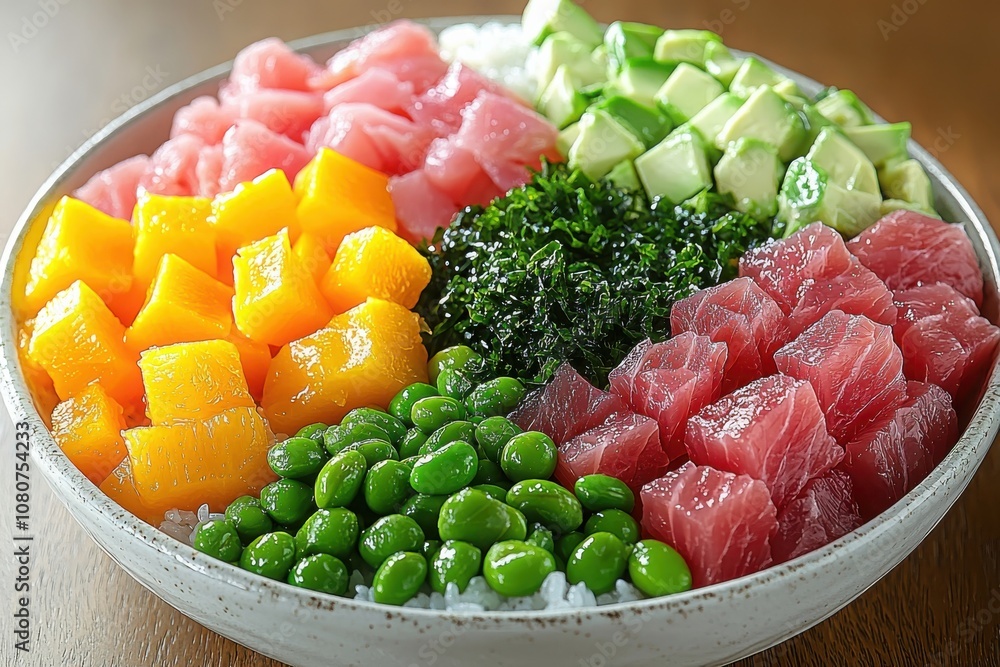 Create a vibrant poke bowl with fresh tuna avocado and edamame for a delicious meal Create a vibrant poke bowl with fresh tuna avocado and edamame for a delicious meal