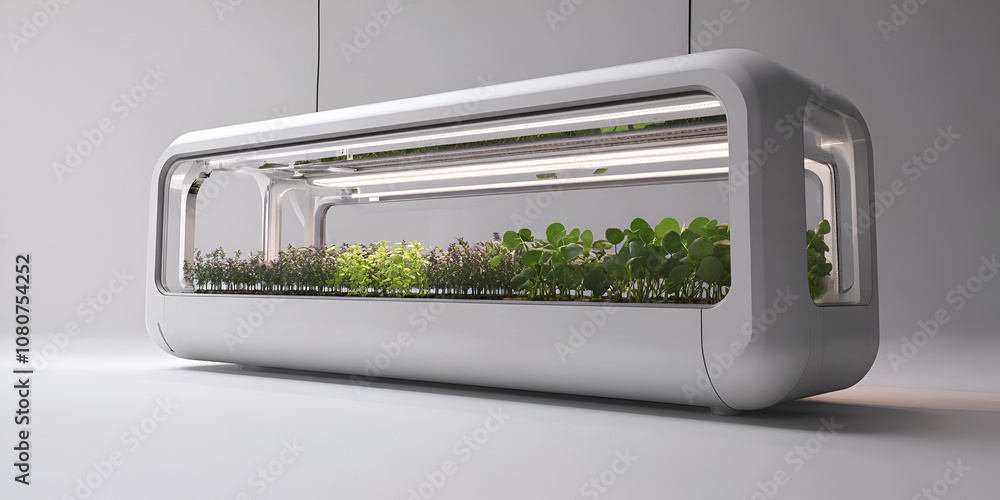 Modern Hydroponic Garden: A sleek, futuristic design with plants growing inside a transparent, closed-loop system. Modern Hydroponic Garden: A sleek, futuristic design with plants growing inside a transparent, closed-loop system.