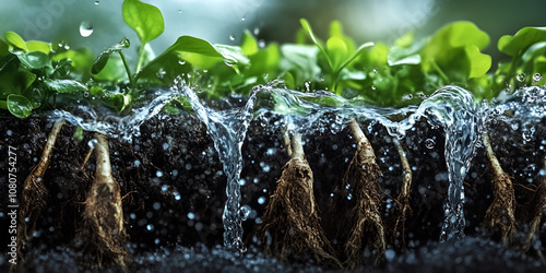 Water nourishes plant roots. Close-up view of water cascading over the roots of thriving plants, symbolizing growth, renewal, and the life-giving power of nature.   photo